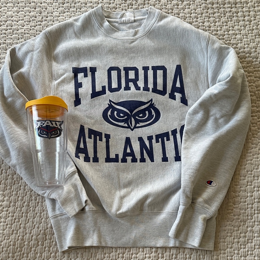 Champion Gray small Florida Atlantic Crewneck Sweater & FAU 24 oz Tervis tumbler